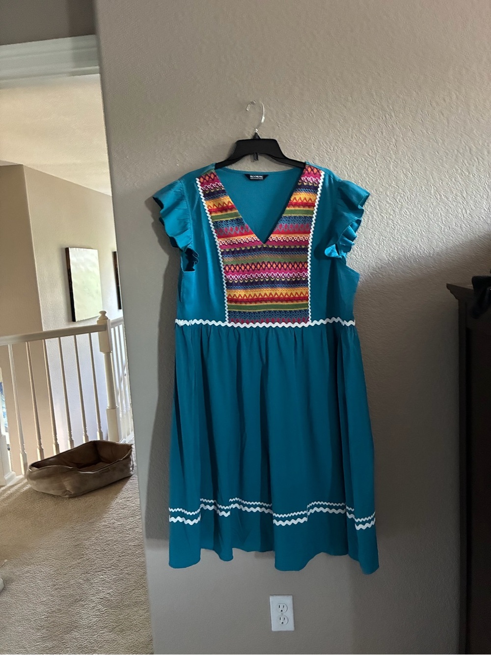BloomChic Teal Embroidered Patchwork Flounce Sleeve Dress - Picture 5 of 7